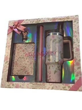 Willow & Ruby Pink Floral Tumbler Straw & Notebook Gift Set New